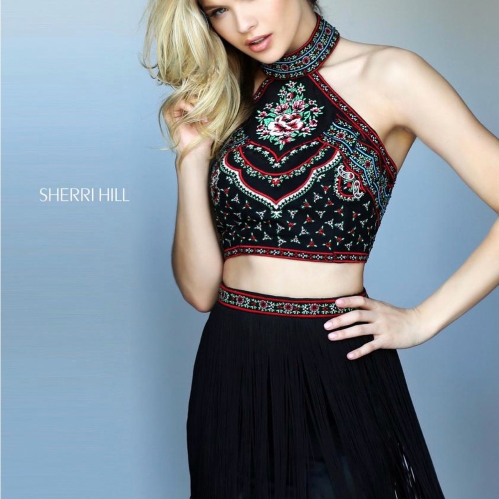 Sherri hill 2 Piece Fringe Cocktail dress size 00 Beaded Skirt Free Hat Boots